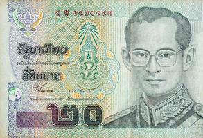 King Bhumibol Adulyadej on 20 Baht Thailand money bill close up photo