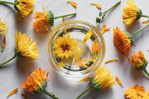 Homemade Calendula infused oil in a bowl, marigold flowers on white background, herbal medicine flat lay photo