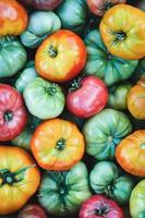 Green yellow red tomatoes food background, harvested tomatoes texture photo