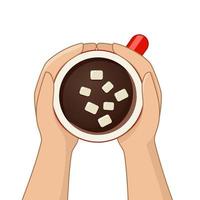 Hot chocolate with marshmallow top view. vector