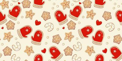 Christmas gingerbread vector seamless pattern.  Winter characters in cartoon style. Holiday design background. New year scandinavian style.