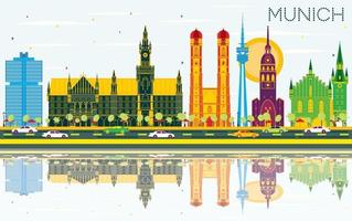 Munich Germany Skyline with Color Buildings, Blue Sky and Reflections. vector