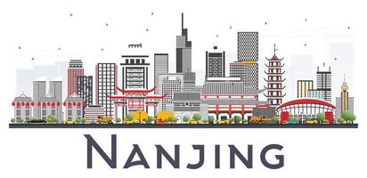 Nanjing China Skyline with Gray Buildings Isolated on White Background. vector