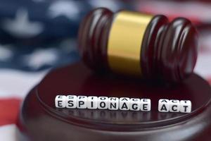 Justice mallet and Espionage act characters with US flag on background photo