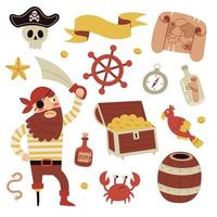 Collection of pirate accessories and items, pirate bundle. Hand drawn vector illustration.