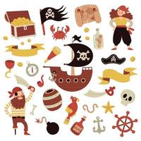 Collection of pirate accessories and items, pirate bundle. Man and woman pirates. Hand drawn vector illustration.