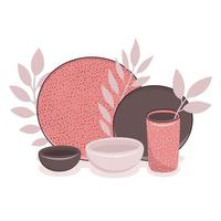 A set of handmade ceramic dishes. Craft utensils for breakfast, lunch and dinner, plate, bowl, cup. Handmade texture. Vector illustration