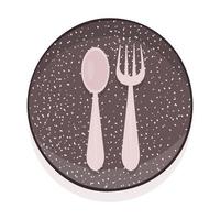 Handmade ceramic tableware. Craft utensils for breakfast, lunch and dinner, a plate with a spoon and fork. Handmade texture. Vector illustration