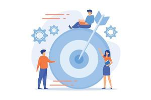 Businessmen working and woman at big target with arrow. Goals and objectives, business grow and plan, goal setting concept on white background, flat vector modern illustration