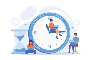 Busy business people with laptops hurry up to complete tasks at huge clock and hourglass. Deadline, project time limit, task due dates concept, flat vector modern illustration