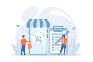 hombre haciendo compras de la lista de compras. cliente con paquete, comprando bienes. acuerdo de compra, compra en la aplicación, concepto de proceso de compra, ilustración moderna de vector plano