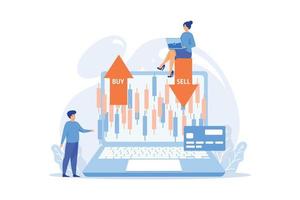 Tiny people stock traders at laptop with graph chart buy and sell shares. Stock market index, stockbroking company, stock exchange data concept, flat vector modern illustration