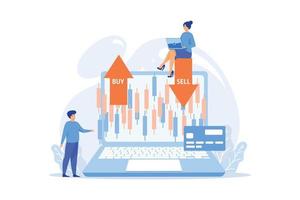 personas diminutas comerciantes de acciones en la computadora portátil con gráfico gráfico compran y venden acciones. índice bursátil, empresa de corretaje de bolsa, concepto de datos bursátiles, ilustración moderna de vector plano