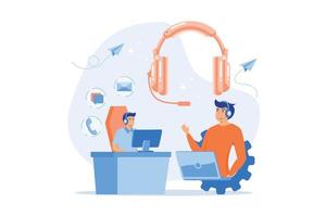 Contact center agents with headsets working at computers. Contact center, customer service point, customer relationship management concept, flat vector modern illustration