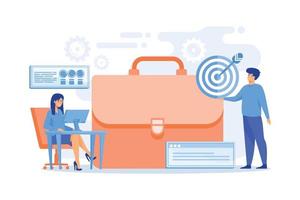 Businessman at target and arrow and woman analysing data and laptop. Business strategy, business goals and plan concept on white background, flat vector modern illustration