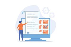 Records management concept. Man stands next to computer monitor and sorts information into folders. Order in digital files and documents. Employee perform inventory, flat vector modern illustration