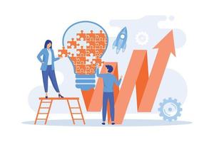 Business team doing lightbulb from jigsaw puzzle and rising arrow. Creative idea and insight, notion, invention concept on white background, flat vector modern illustration