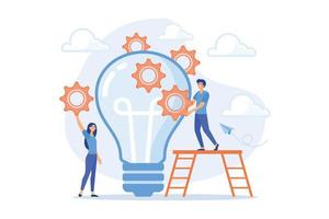 Huge lightbulb and business team holding gears. Teamwork and collaboration, goal achievement, colleagues and workforce concept on white background, flat vector modern illustration