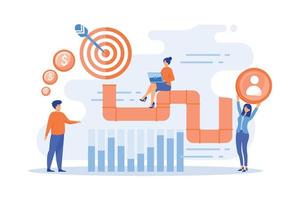 Sales reps and managers analyze sales pipeline. Sales pipeline management, representation of sales prospects, customer prospects lifecycle concept, flat vector modern illustration