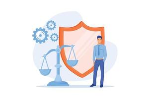 Honesty as moral value concept. Man stands next to large shield and hold scale in his hand. Justice and balance. Character with humane principles, flat vector modern illustration