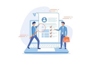 HR specialists choosing best candidate for job. Profiles of various people with ranking. Company searching new employee. Concept of cv resume and recruitment process, flat vector modern illustration