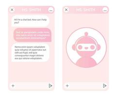 Chatbot window with robot icon. User interface of application with online dialogue. Conversation with a robot assistant vector