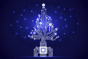 Christmas tree from digital electronic circuit. Abstract green lighting motherboard microchip. Vector illustration