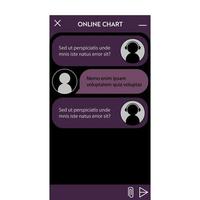 Chatbot window. Dark mode. User interface of application with online dialogue. Conversation with a robot assistant vector