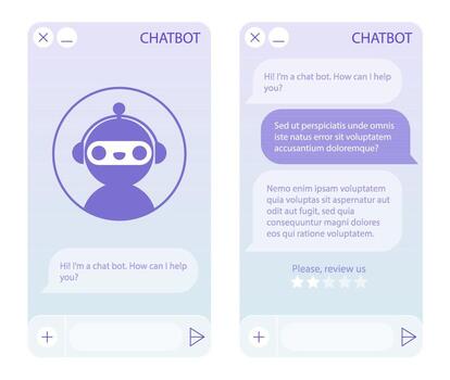 Chatbot window with robot icon. User interface of application with online dialogue. Conversation with a robot assistant vector