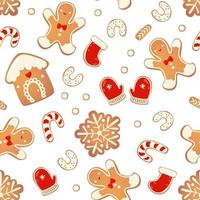 Christmas gingerbread vector seamless pattern.  Winter characters in cartoon style. Holiday design background. New year scandinavian style.