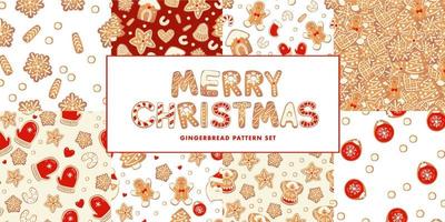 Christmas gingerbread vector patterns set. Winter characters in cartoon style. Holiday design background. New year scandinavian style.