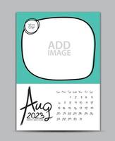 Calendar 2023 year design - August 2023, wall calendar 2023 year, Lettering calendar, Desk calendar template, week starts on sunday, printing, advertiement, Green background, vector