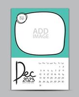 Calendar 2023 year design - December 2023, wall calendar 2023 year, Lettering calendar, Desk calendar template, week starts on sunday, printing, advertiement, Green background, vector