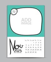 Calendar 2023 year design - November 2023, wall calendar 2023 year, Lettering calendar, Desk calendar template, week starts on sunday, printing, advertiement, Green background, vector