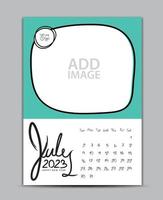 Calendar 2023 year design - July 2023, wall calendar 2023 year, Lettering calendar, Desk calendar template, week starts on sunday, printing, advertiement, Green background, vector