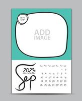 Calendar 2023 year design - September 2023, wall calendar 2023 year, Lettering calendar, Desk calendar template, week starts on sunday, printing, advertiement, Green background, vector