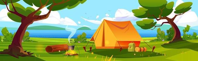 Summer camp with bonfire and tent on river coast vector