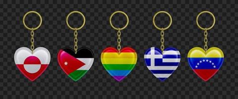 Leather keychains in heart shape with flags vector