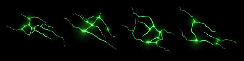 Green lightnings realistic set isolated on black vector