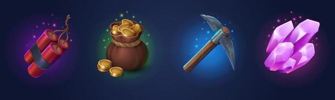 Game props icons dynamite, coins, pickaxe, crystal vector