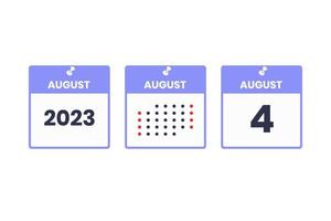 icono de diseño de calendario del 4 de agosto. calendario 2023, cita, concepto de fecha importante vector
