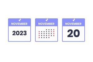 November 20 calendar design icon. 2023 calendar schedule, appointment, important date concept vector