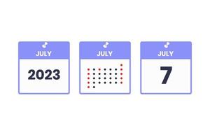 7 de julio icono de diseño de calendario. calendario 2023, cita, concepto de fecha importante vector