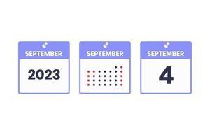 icono de diseño de calendario del 4 de septiembre. calendario 2023, cita, concepto de fecha importante vector