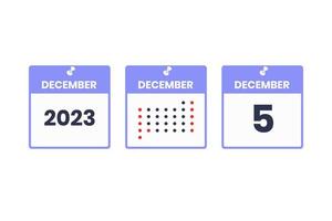 5 de diciembre icono de diseño de calendario. calendario 2023, cita, concepto de fecha importante vector
