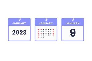 icono de diseño de calendario del 9 de enero. calendario 2023, cita, concepto de fecha importante vector