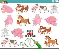 one of a kind task with cartoon farm animals and their babies vector