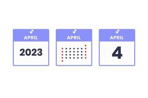 icono de diseño de calendario del 4 de abril. calendario 2023, cita, concepto de fecha importante vector