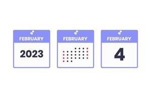 icono de diseño de calendario del 4 de febrero. calendario 2023, cita, concepto de fecha importante vector