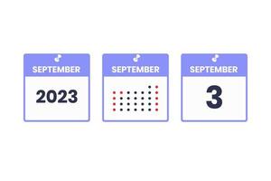 icono de diseño de calendario del 3 de septiembre. calendario 2023, cita, concepto de fecha importante vector